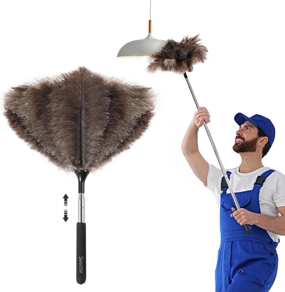 Extendable Fluffy Ostrich Feather Duster 40 Inch Long Handle Reusable for