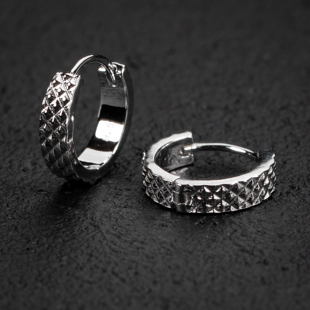 Men's Small Solid White Gold Plated Sterling Silver Diamond Cut Hoop Earrings