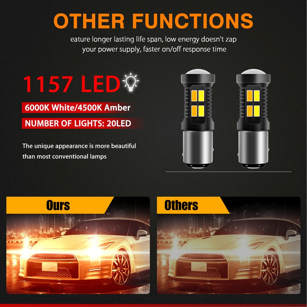 2X 1157 LED White/Amber DRL Switchback Turn Signal Indicator Parking Light Bulbs