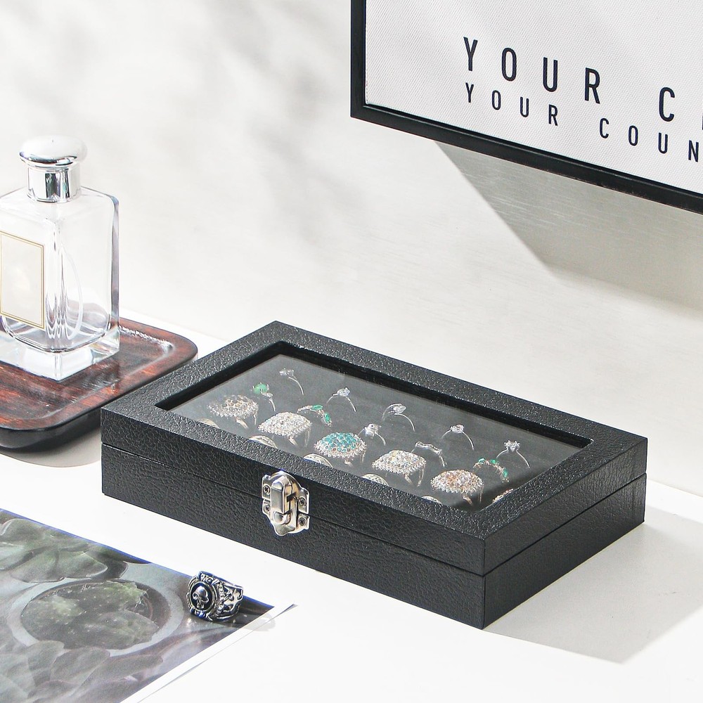 Kanwoder Ring Organizer Box for Jewelry,Rings Cufflinks 30 Slots, Black