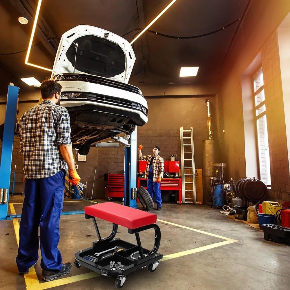 Professional Rolling Mechanic Stool with Under-Seat Tool Storage - 150kg Limit