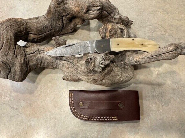 Big Damascus folding blade knife w/ White bone handle & leather sheath hand made