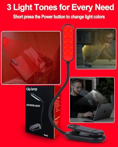 670nm Red Book Light [] - Zero Blue Light, Rechargeable Clip On Red 1 Pack