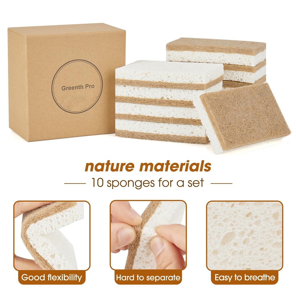 GREENTH PRO 10 Pack Nature Dish Sponge - Natural Kitchen - Coconut...