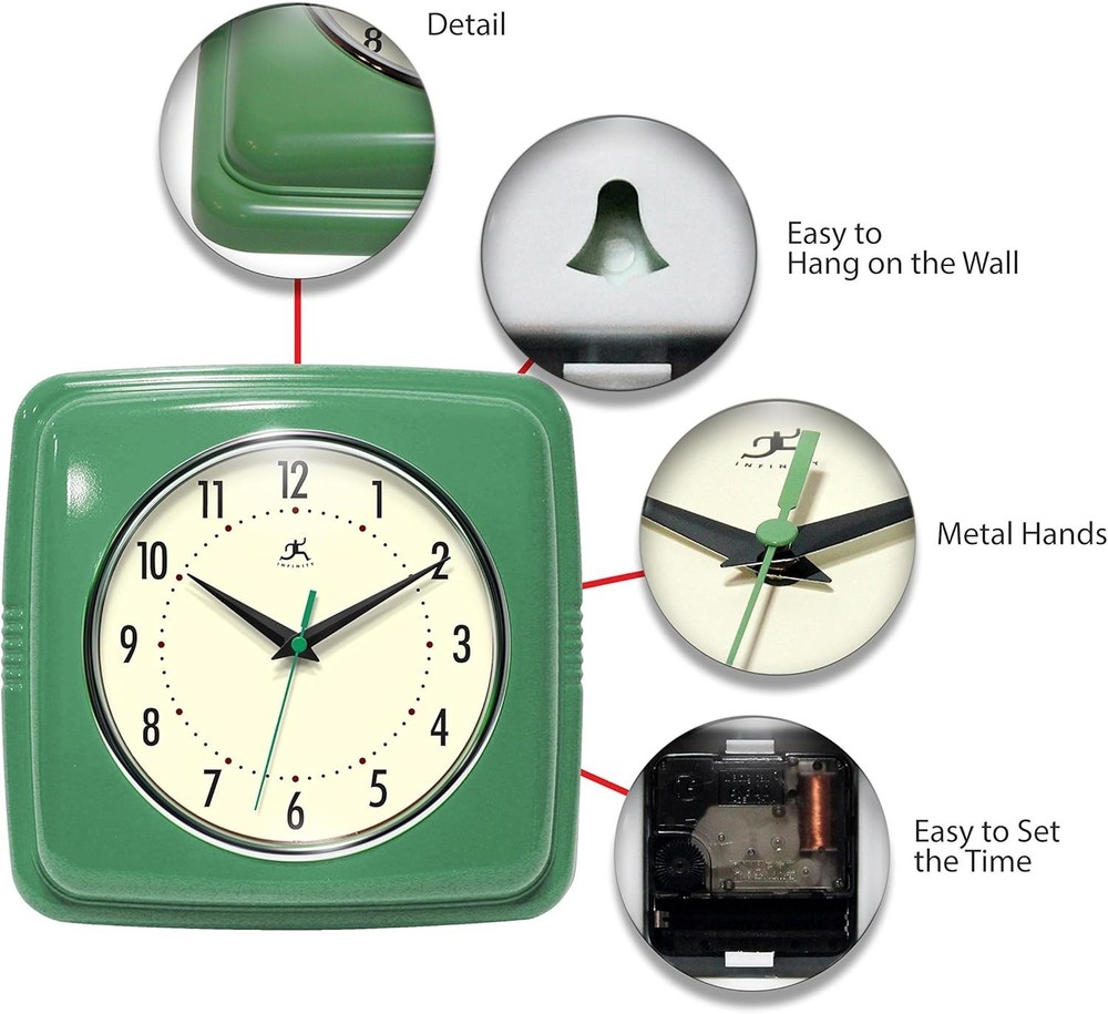 Square Silent Retro Wall Clock 9-Inch Mid Century Modern Kitchen Clock with ...