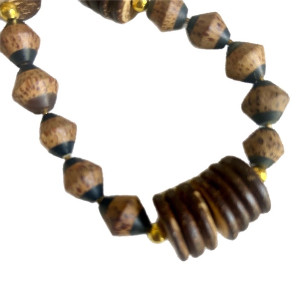 Handmade Boho Wooden Bead & Leather Cord Adjustable Necklace