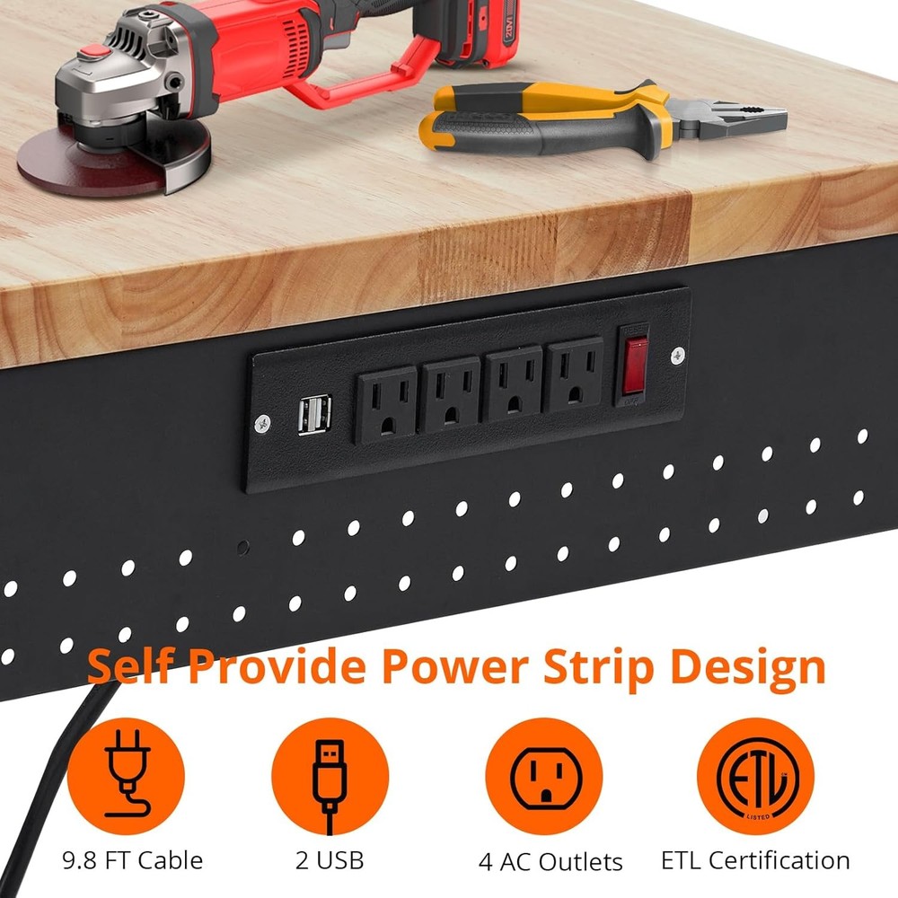 48"x24" Heavy-Duty Adjustable Workbench Rubber Wood Top Garage Worktable 2000LBS