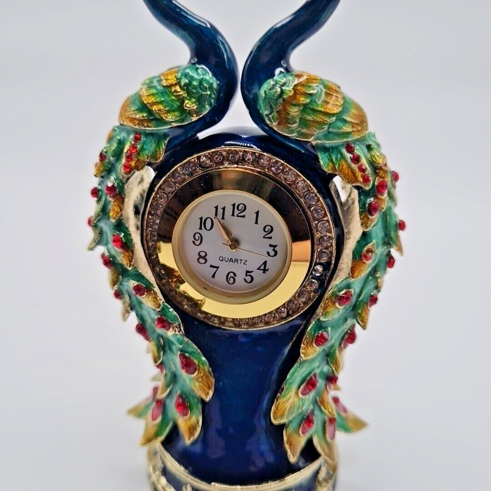 Decorative Peacock hand painted crystal clock and keepsake trinket box