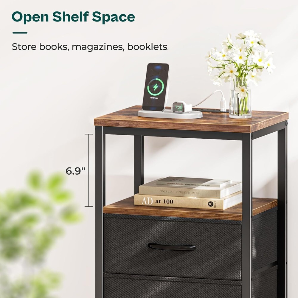 Nightstand with Charging Station Side Table with Drawers End Table for Home US
