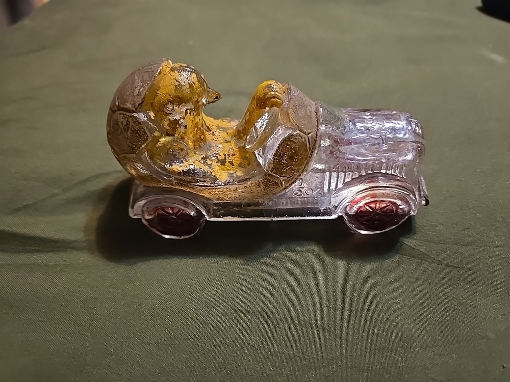 ANTIQUE c1920s CANDY CONTAINER CHICK IN SHELL DRIVING AUTO