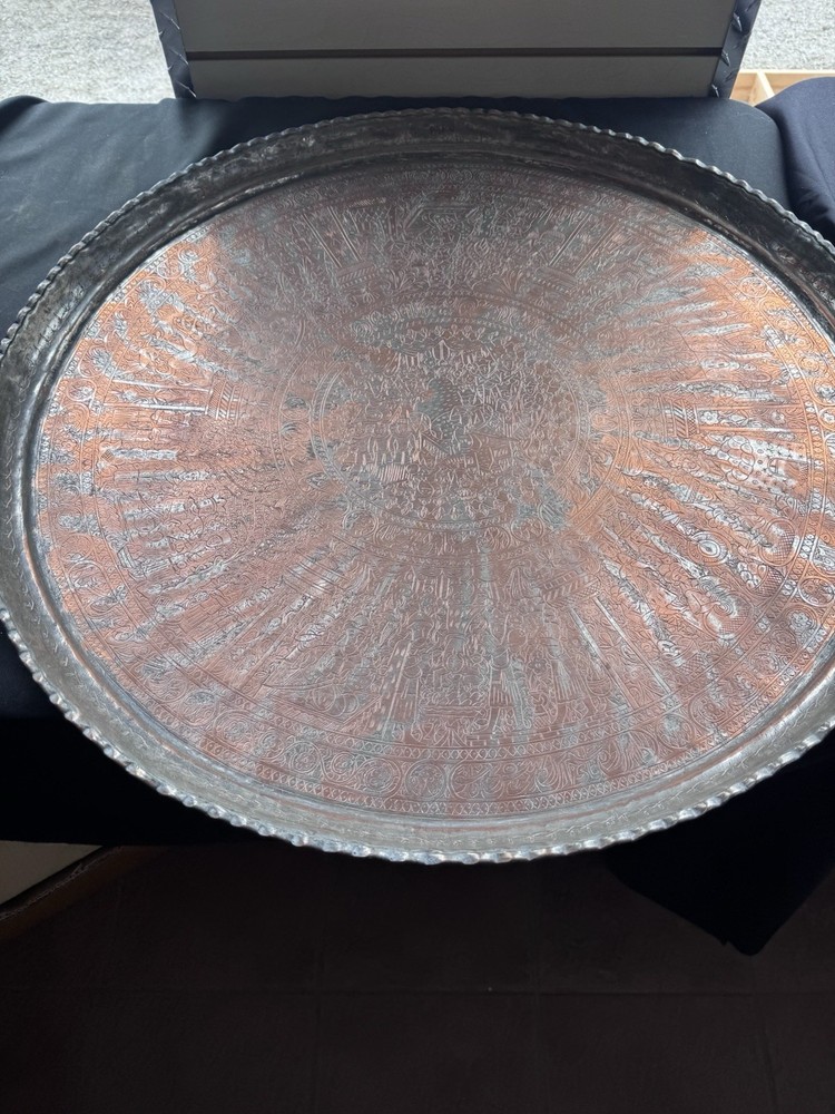 Vintage Islamic Middle Eastern Hammered Copper Platter Large 30”