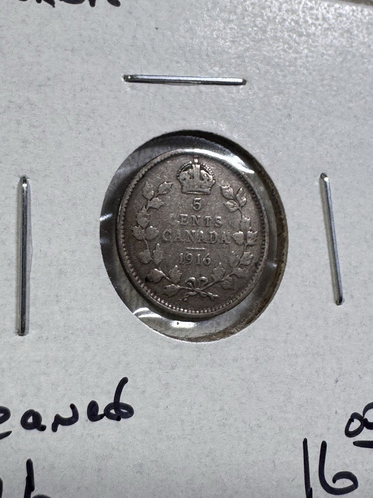 1916 Canada 5 Cents Silver Coin Cleaned