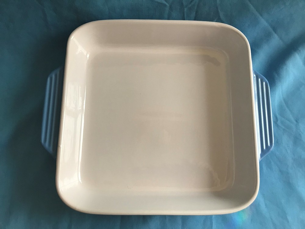 New 8” Square Blue Stoneware / Ceramic Baking Pan / Dish with Side Handles NIB