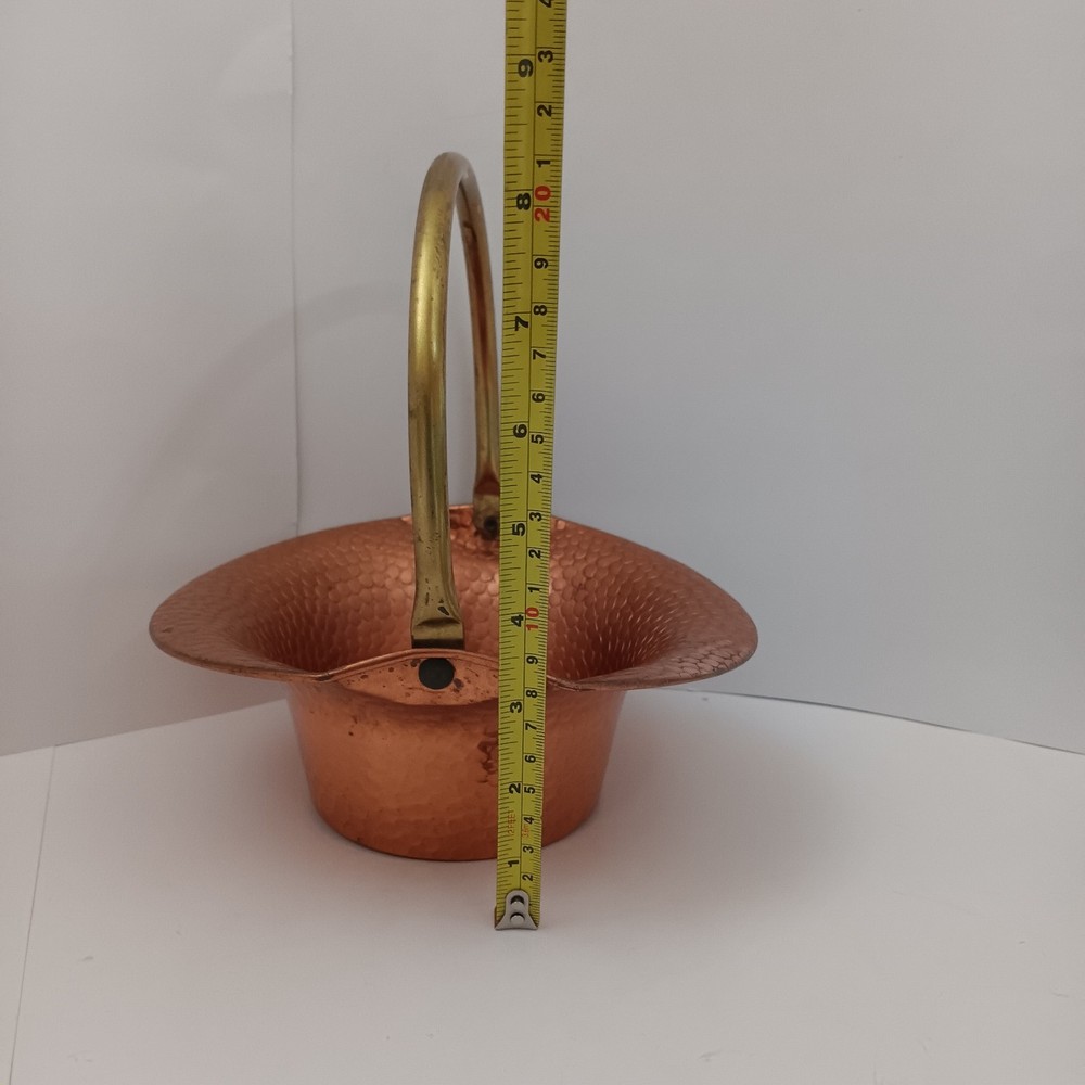 Vintage Copper Hammered  Basket with Brass Handle 8"
