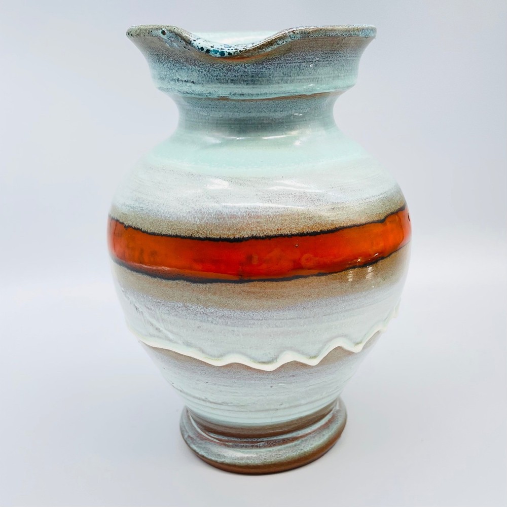 Handmade Ceramic Pitcher Blue Green Orange Striped Decorative Jug