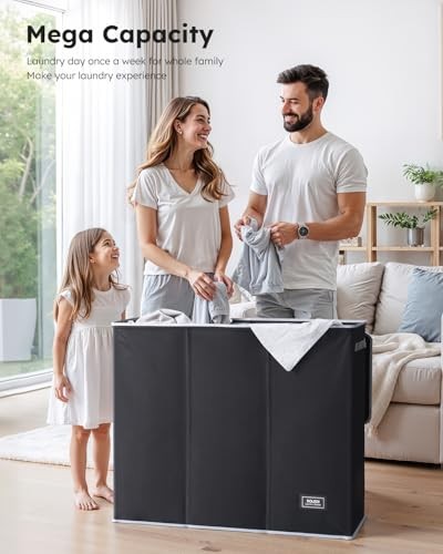 Laundry Hamper 3 Section, Extra Large Laundry Hamper with Lid, 180L Black