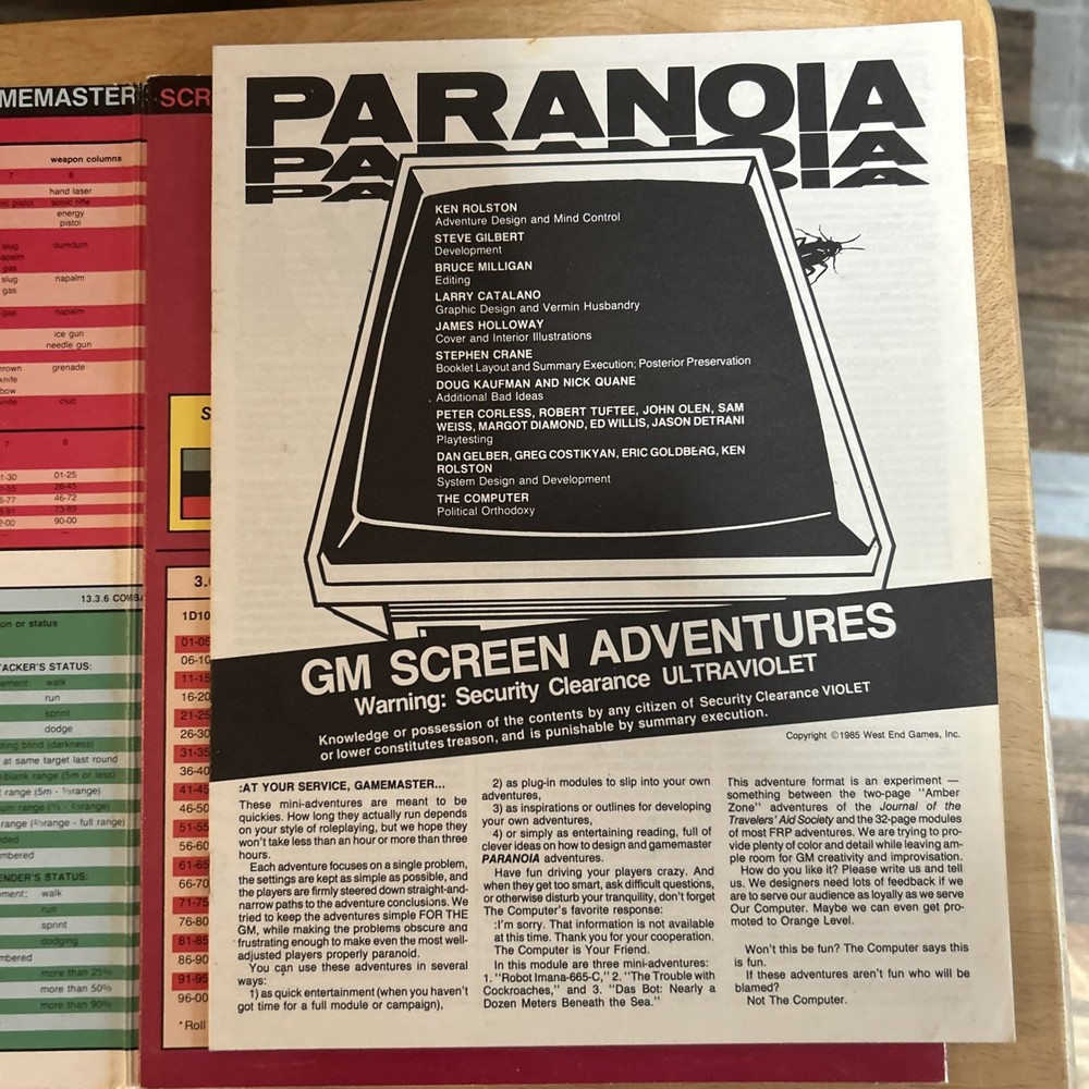 West End Paranoia 1E Gamemaster Screen Bag VG+