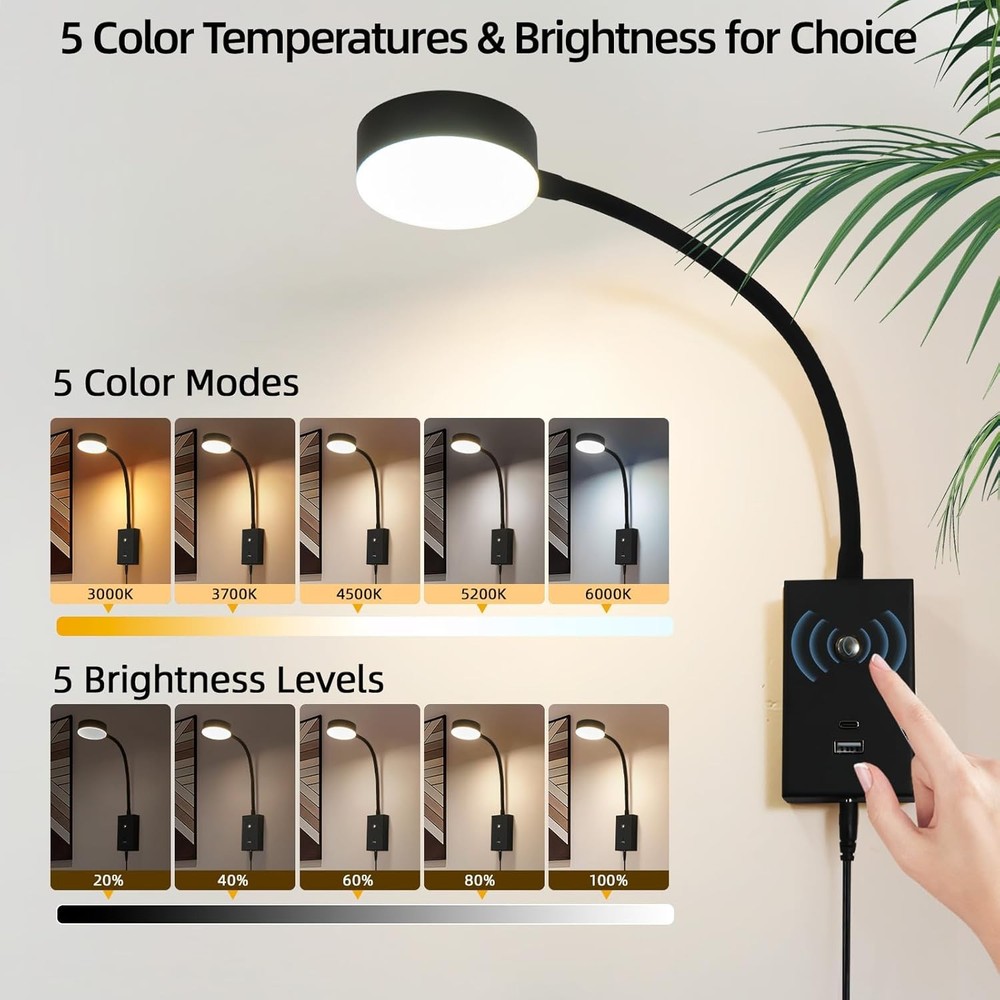 LED Wall Mounted Reading Light For Bed Flexible Gooseneck Book Light For 1 Pack