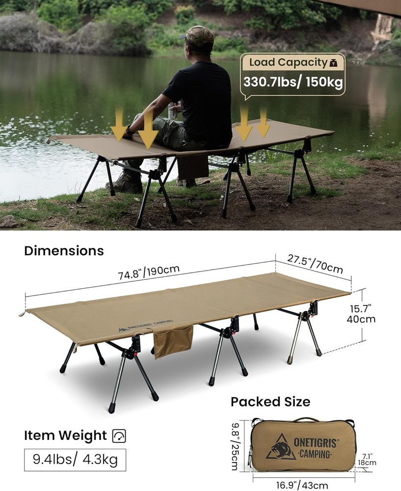 Camping Cot, Height Adjustable with Cot Leg Extenders, Strong Support 330lbs