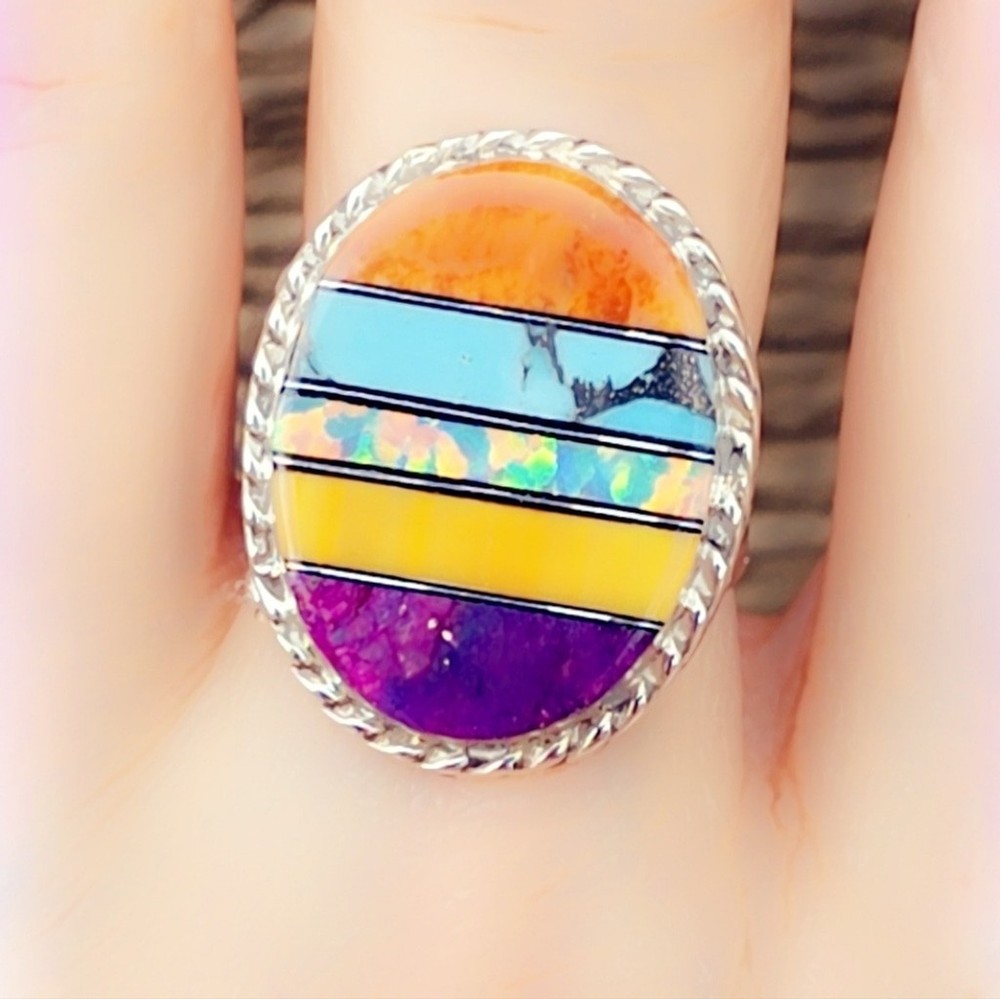 Turquoise & Opal Inlay Sterling Gemstone Ring SIZE 8