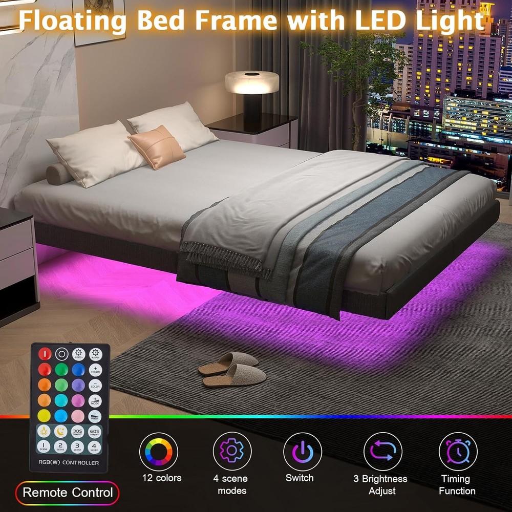 King Floating Bed Frame with LED Lights & Under Bed Storage No Box Spring Needed