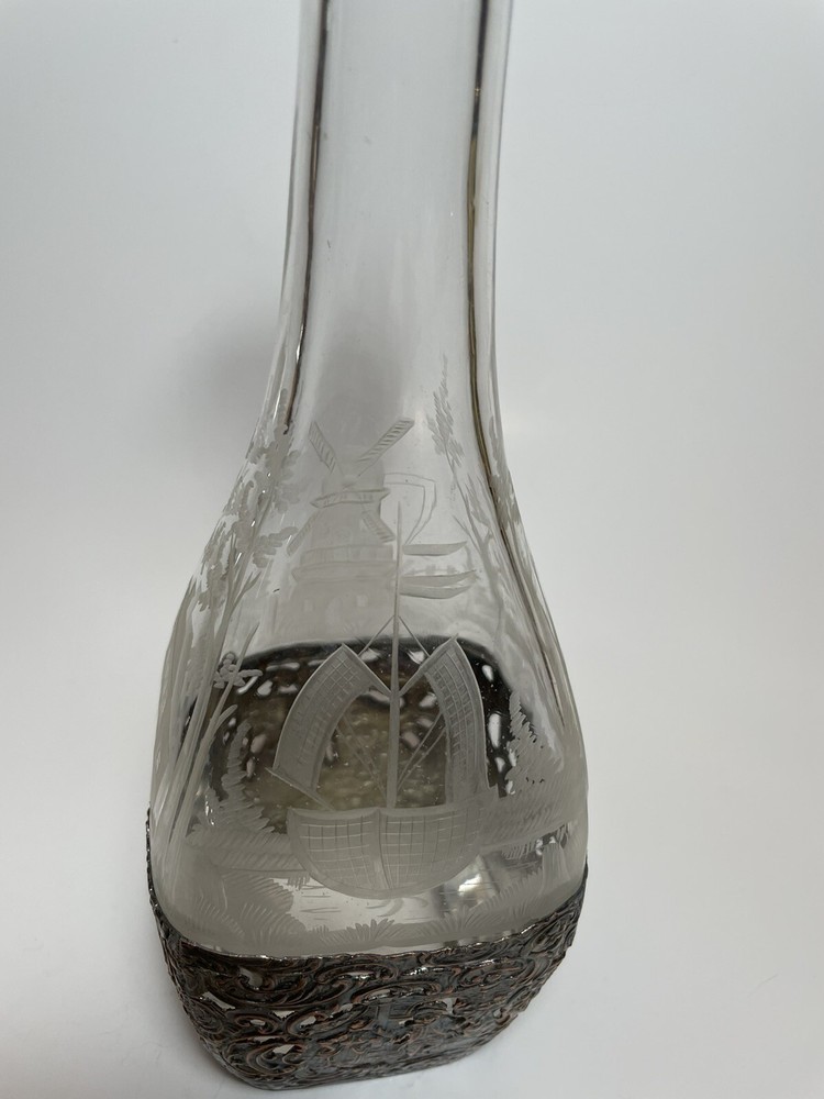Crystal Decanter, Dutch Repoussé Silver Sleeve Circa 1900 11”