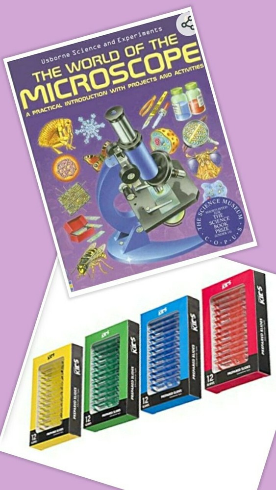 AMSCOPE-Plastic Prepared Microscope Slides & The World of the Microscope Book