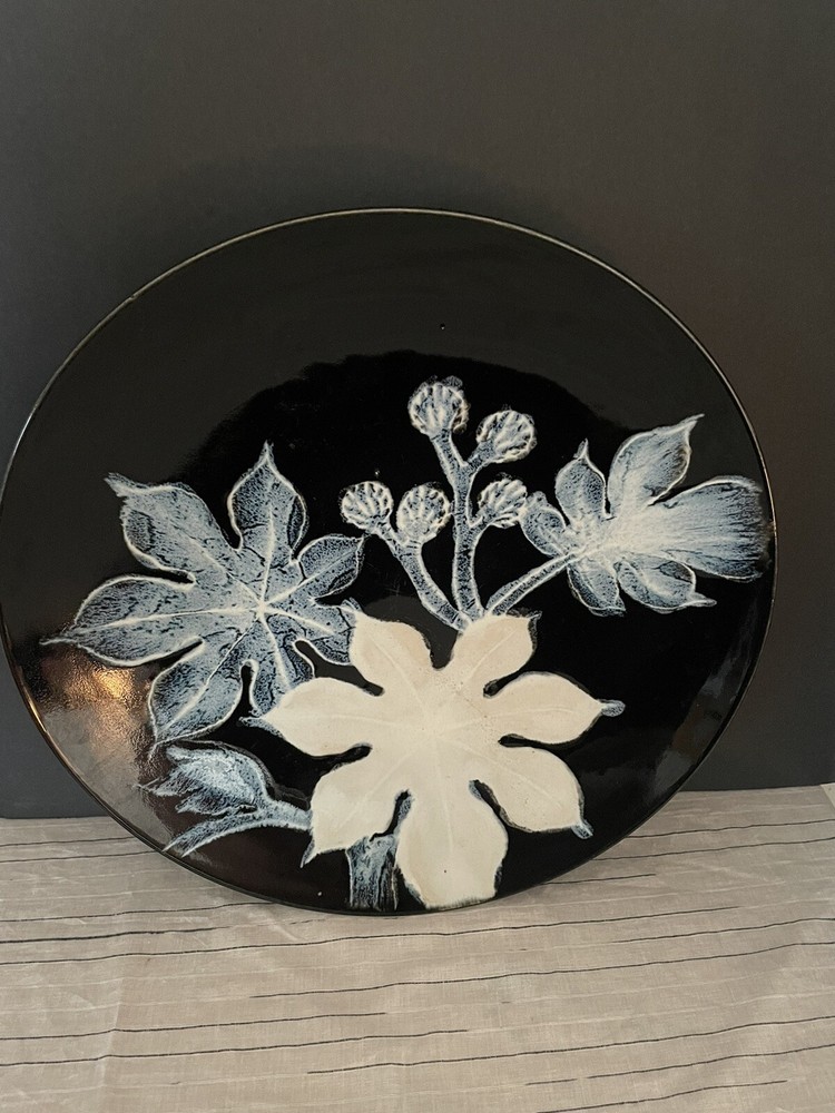 Asian Ceramic Black Cobalt White Large Dish 13”