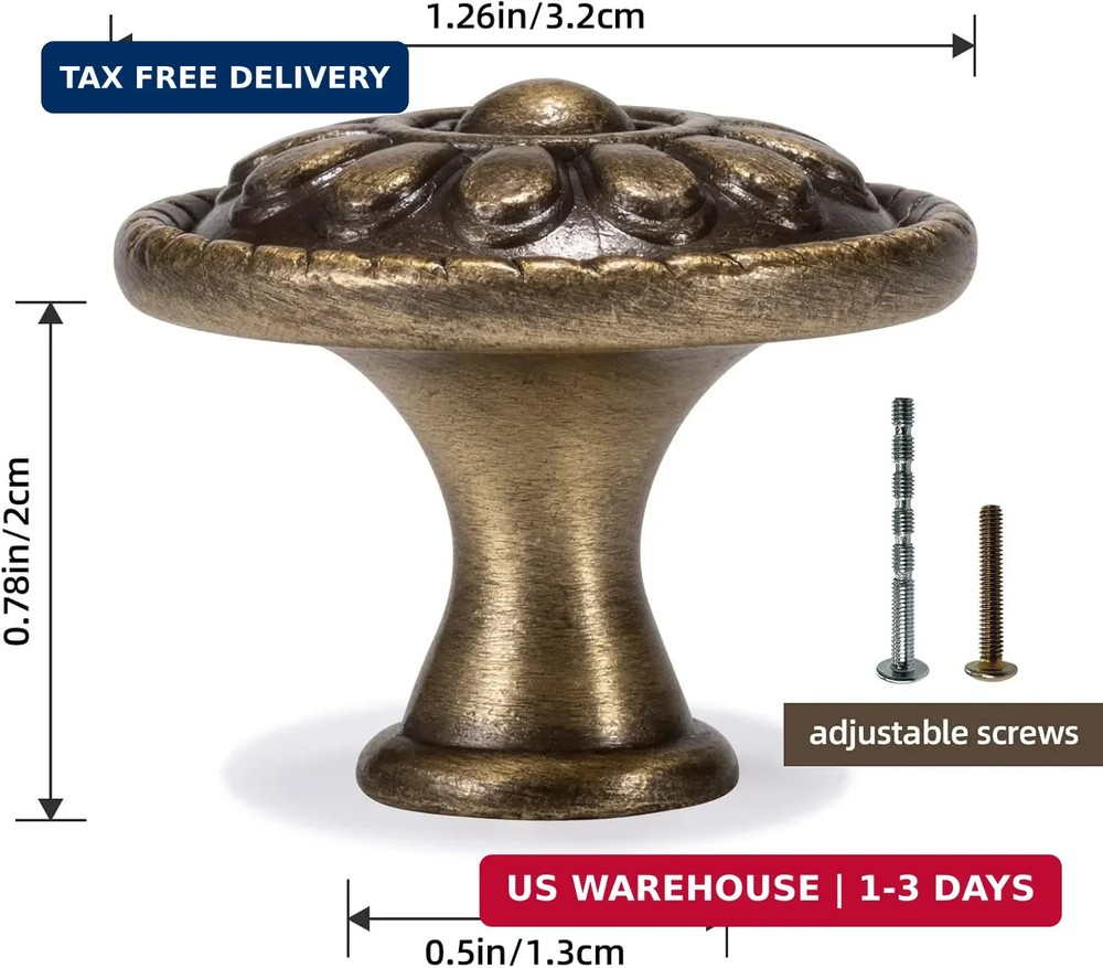 10 Pack Antique Brass Cabinet Knobs, Vintage Retro Drawer Knobs, Solid Round Dre