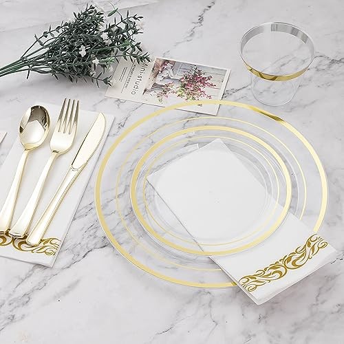 175PCS Disposable Dinnerware Set for Plastic Plates for 25 Guests Clear Gold