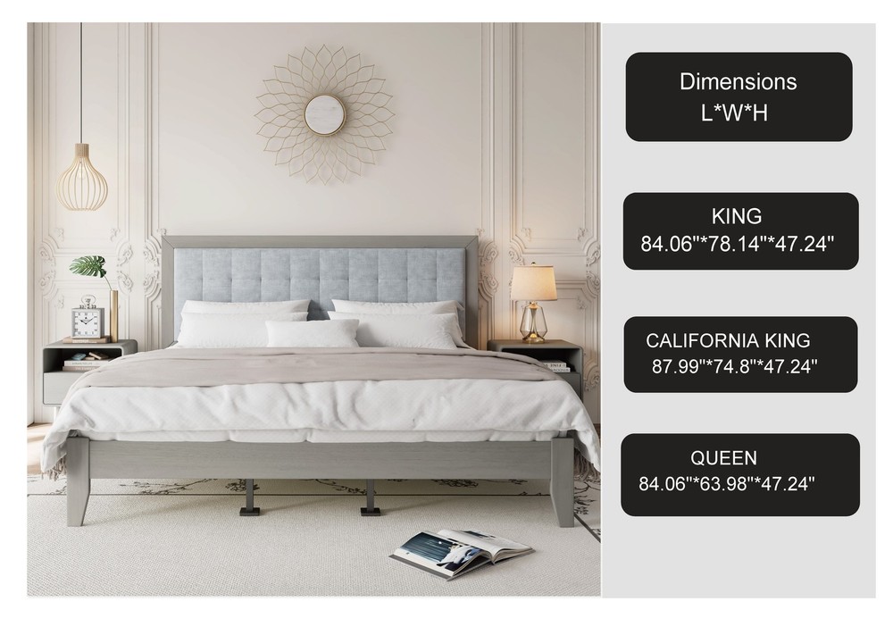 California King Bed Frame Solid Wood Upholstered Panel Headboard Gray