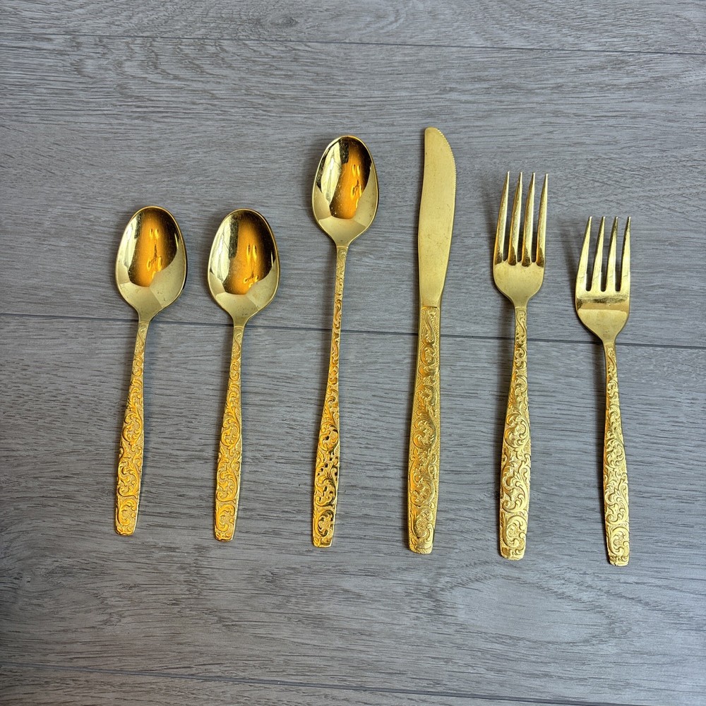 Americana Heritage Golden Scroll Flatware Gold Silverware One Place Setting 6 Pc