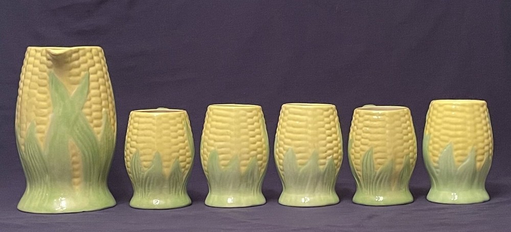 Corn Cob Ear Pitcher & Matching Mugs, Ceramic Pottery. Preowned Good Condition