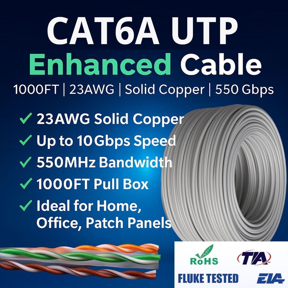 CAT6a Cable 1000FT UTP Solid Network Ethernet CAT6a Bulk Wire RJ45 Lan