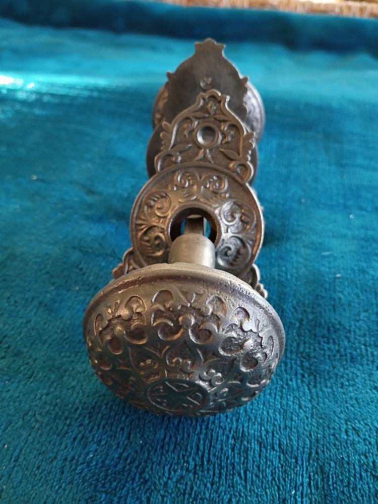 Antique Cast Iron Door Knobs & Back Plates Set .