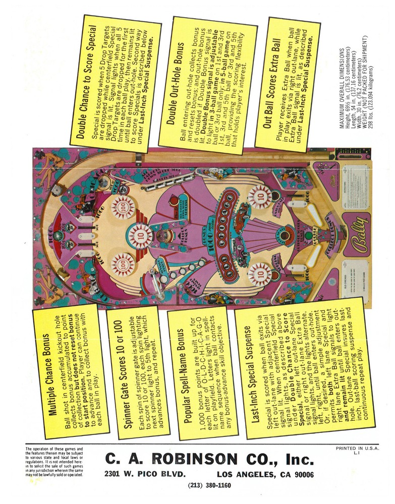 Old Chicago Bally Pinball Flyer / Brochure / Ad -