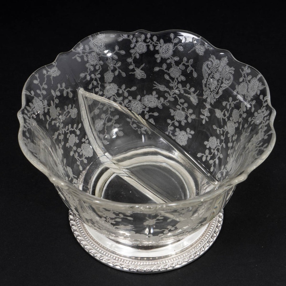 Wallace #4640 Sterling Silver Footed Divided Crystal Bowl Floral Etching 5.5"