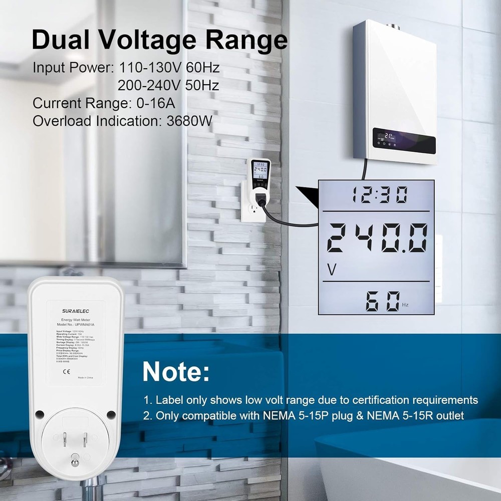 Watt Meter, Plug-in Socket Power Meter, Auto Cost Calculator, Backlit Large D...
