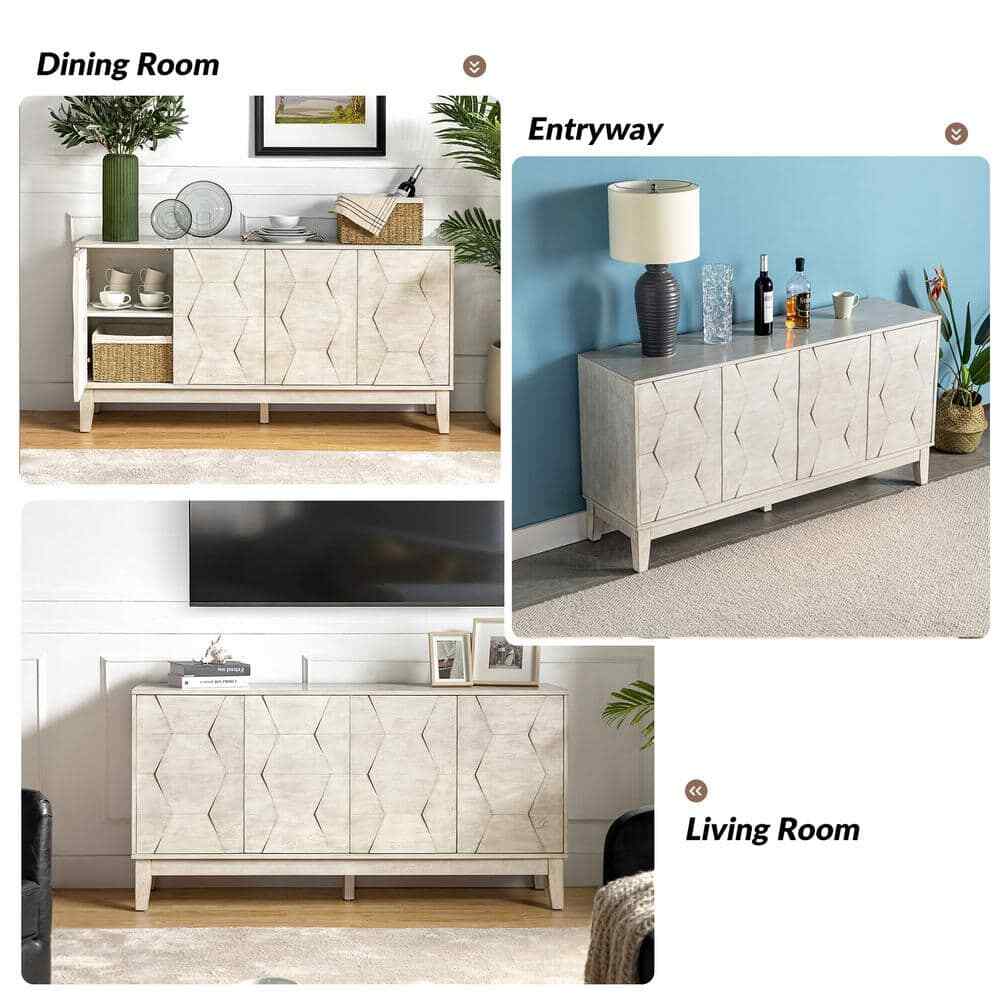 Modern Sideboard Hexagonal Embellishments with Solid Wood Legs White 60 In. New