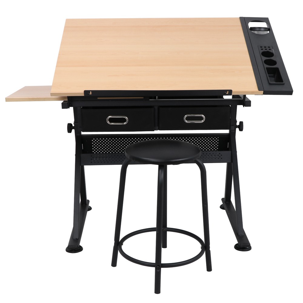 Adjustable Drafting Table Drawing Desk Craft Tiltable with Stool 2 Drawers