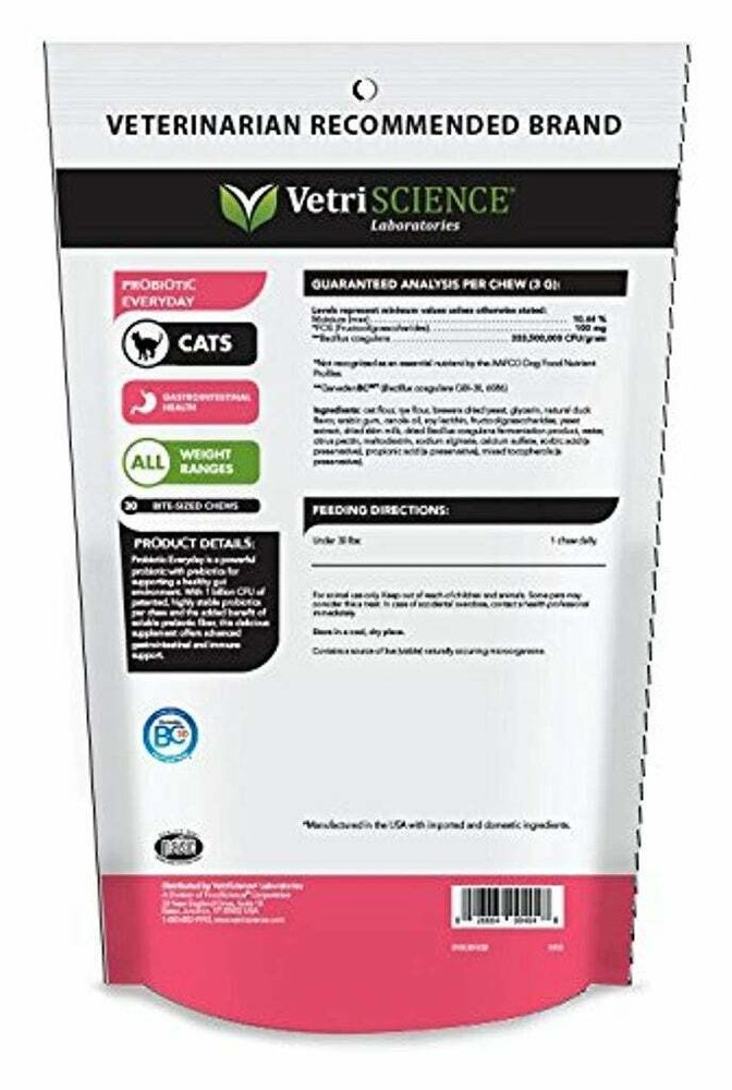 VetriScience Probiotic Everyday for Cats, Digestive Support Supplement (60Chews)