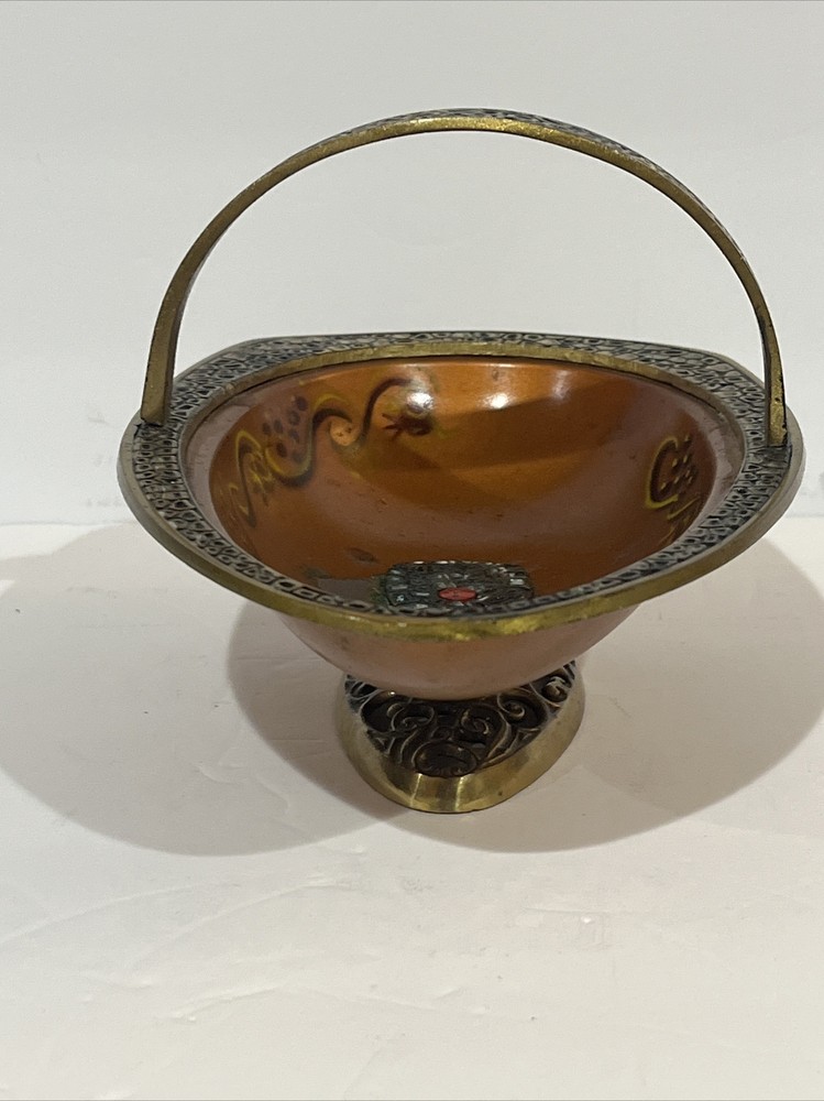 Vintage Israel Enamel Brass Footed Bowl With Handle