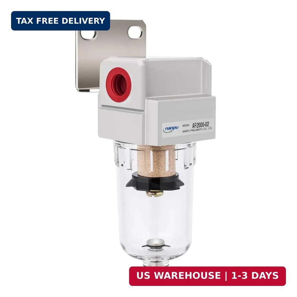 NANPU 1/4" NPT Compressed Air Line Filter, 5 Micron Brass Element, Bracket, Poly