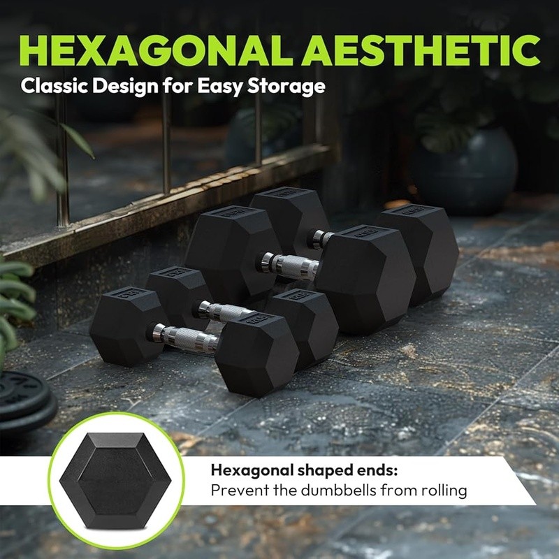 Solid Cast Iron Hex Dumbbells Rubber Encased Non-Slip Handle Strength Training
