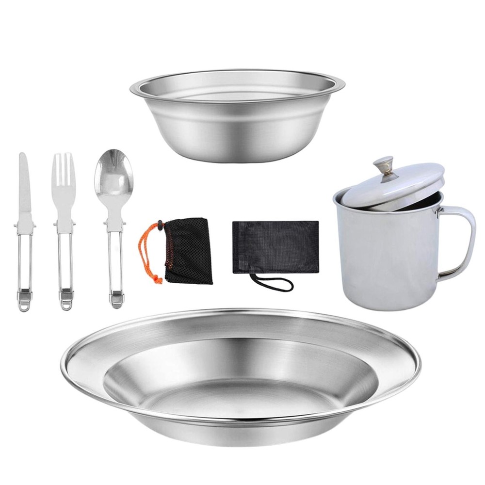 Camping Cookware Dinnerware Set Stainless Steel Accessory Space Saving for