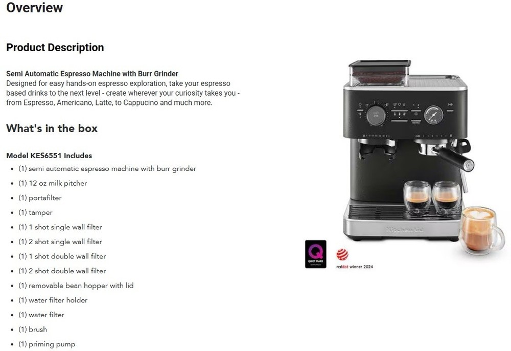 KitchenAid Semi Automatic Espresso Machine with Burr Grinder - (Black)