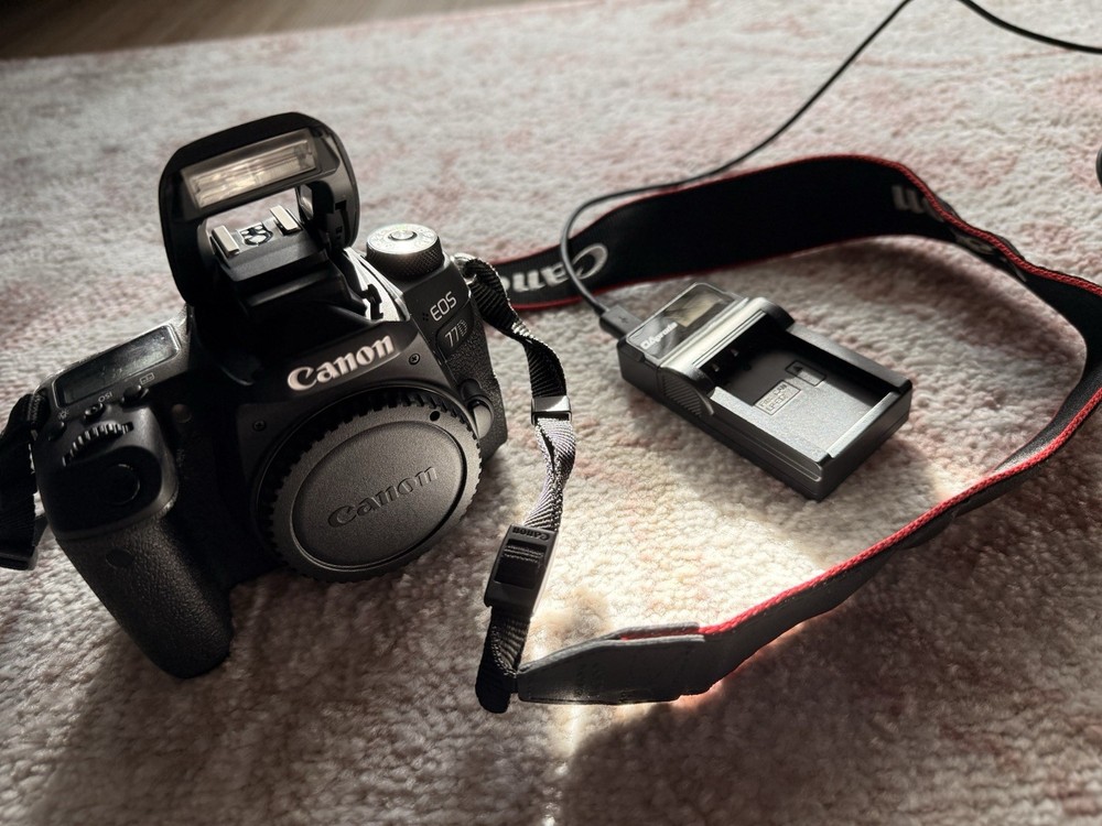Canon EOS 77D Camera Accessory Bundle with EFS 18-55mm Lens, Strap, Charger