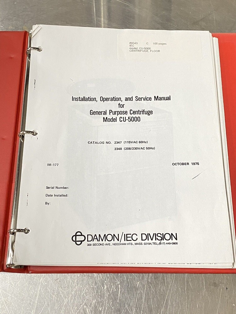 IEC Parr CU-5000 Floor Centrifuge - Users Guide / Instruction Book