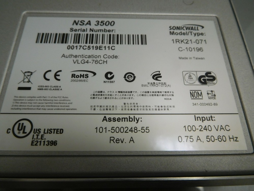 SonicWall NSA 3500 1RK21-071 VPN Firewall Network Security Appliance