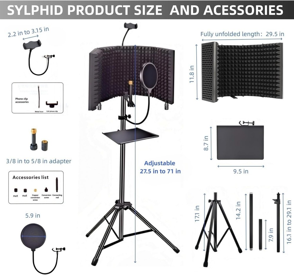 Microphone Isolation Shield with Pop Filter & Stand and Phone Clip, Foldable ...